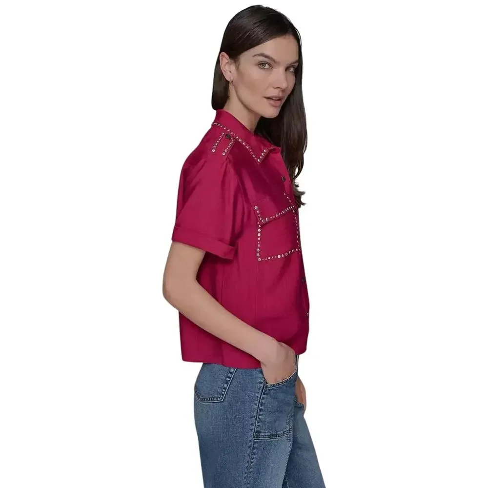Karl Lagerfeld Women Cerize Purple Rayon Studded Short-Sleeve Shirt Size XS_5